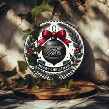 Merry Christmas Round Metal Sign Red Bow Holly Berries Holiday