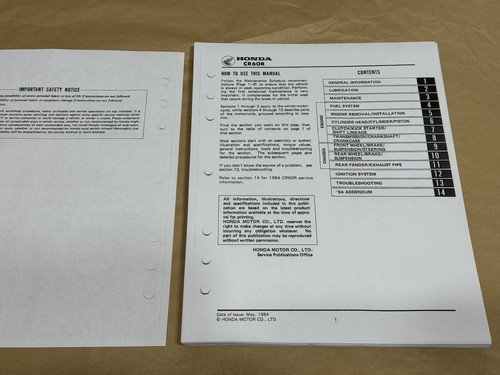Printed Service Shop Repair Manual 1983 1984 83 84 Honda CR60R CR60 R - Picture 2 of 3