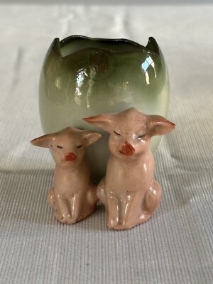 Royal Bayreuth PreWar Germany Green Fairing Pink Pigs Egg Toothpick Holder