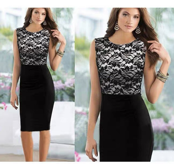 Women Fashion O-Neck Sleeveless Lace Patchwork Formal Business Slim Pencil  Dress