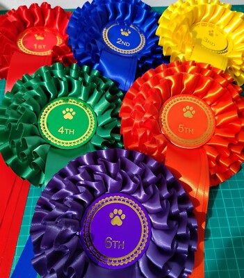 Set 1-6, 3-stufige Hundeausstellungsrosetten, große 68 mm mittig breite Schwänze, KOSTENLOSER VERSAND