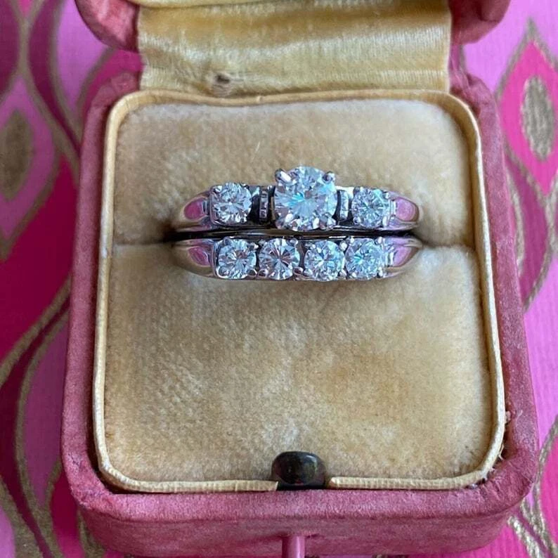 1880s Estate Vintage 2 Ct Round Moissanite Engagement Bridal Ring Set In Silver - Image 4 of 4