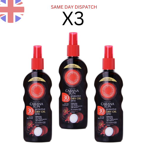 x 3 Cabana Sun Deep Tanning Dry Oil Spray Coconut SPF30 200ml