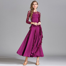 Ladies Dance Dress Ballroom Dancewear Long Sleeve Waltz Modern Lace Ruffle Black