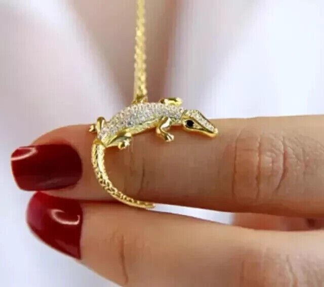 Round Cut Simulated Diamond Stunning Lizard Charm Pendant 14K Yellow Gold Plated