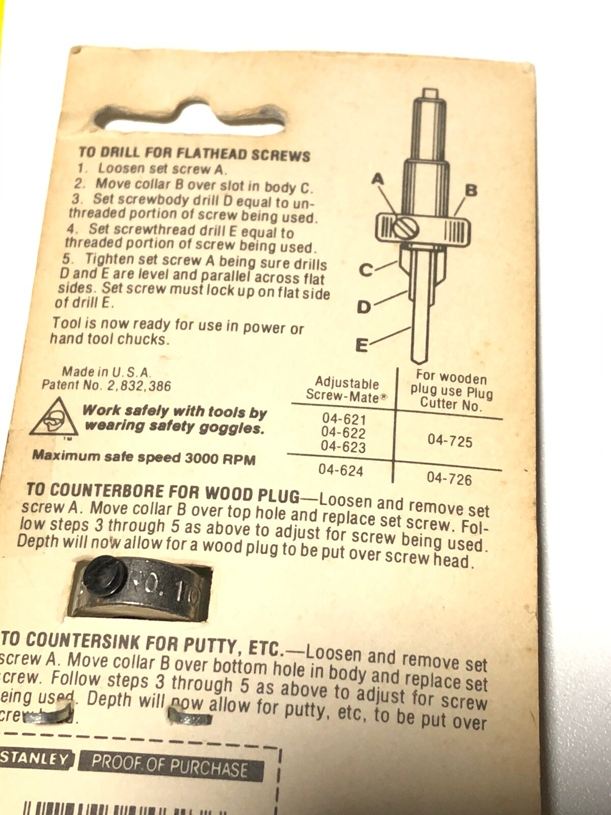Stanley Screwmate 10 Adjust Boatbuilder VTG NOS Countersink Drill Bit