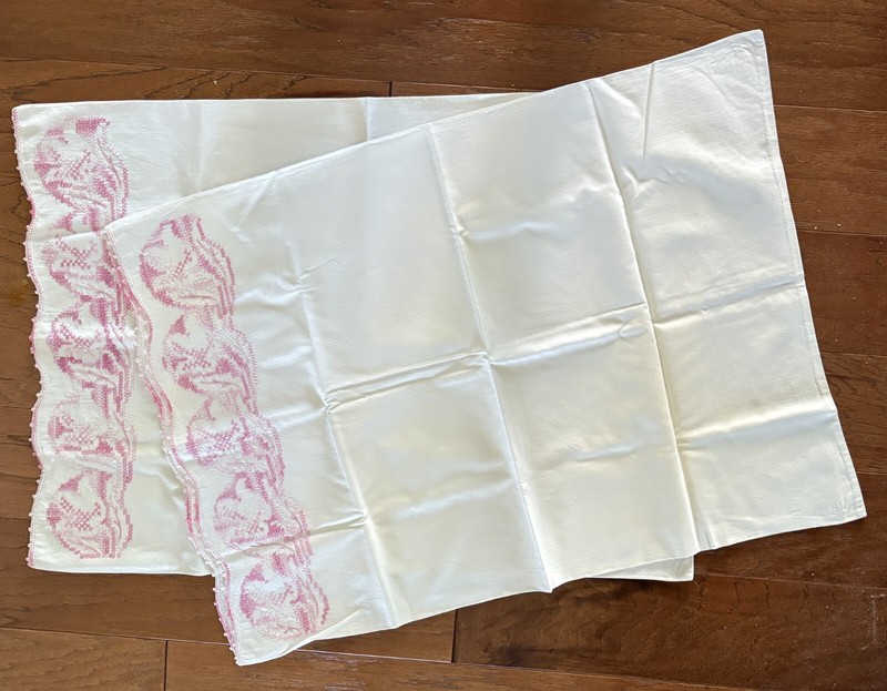 Pair of Vintage Hand Embroidered Pillowcases with Pink Flowers Tulips 20" x 28"