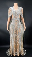 Women Rhinestone See Through Long Trains Dress Singer Stage Wear Costume New