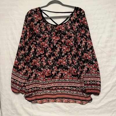 Floral Top L Black Pink Multi Long Sleeves  