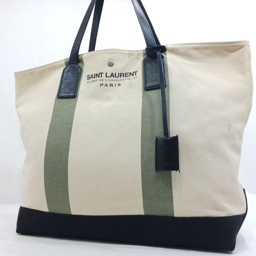 YSL Saint Laurent Tote Shoulder Handbag Bag Beige Canvas Leather Logo Women's