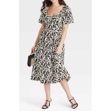 A New Day Dress Women 4 Black White Floral Midi Short Sleeve Casual Flowy