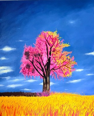 Landschaft magischer rosa Baum Original Ölgemälde hell Realismus Fine Art 