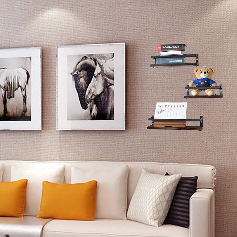 Floating Shelves Rustic Wood Wall Mounted Shelf Practical set of 3, Brown  - Image 2 of 4