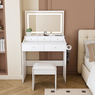 Vanity Desk Makeup Table Set Dressing Desk w/ LED Lights & 5 Drawers & USB Ports