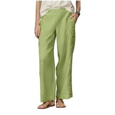 Sundance Green Embroidered Cotton Pull-On Pants Boho Artisan, Size XL