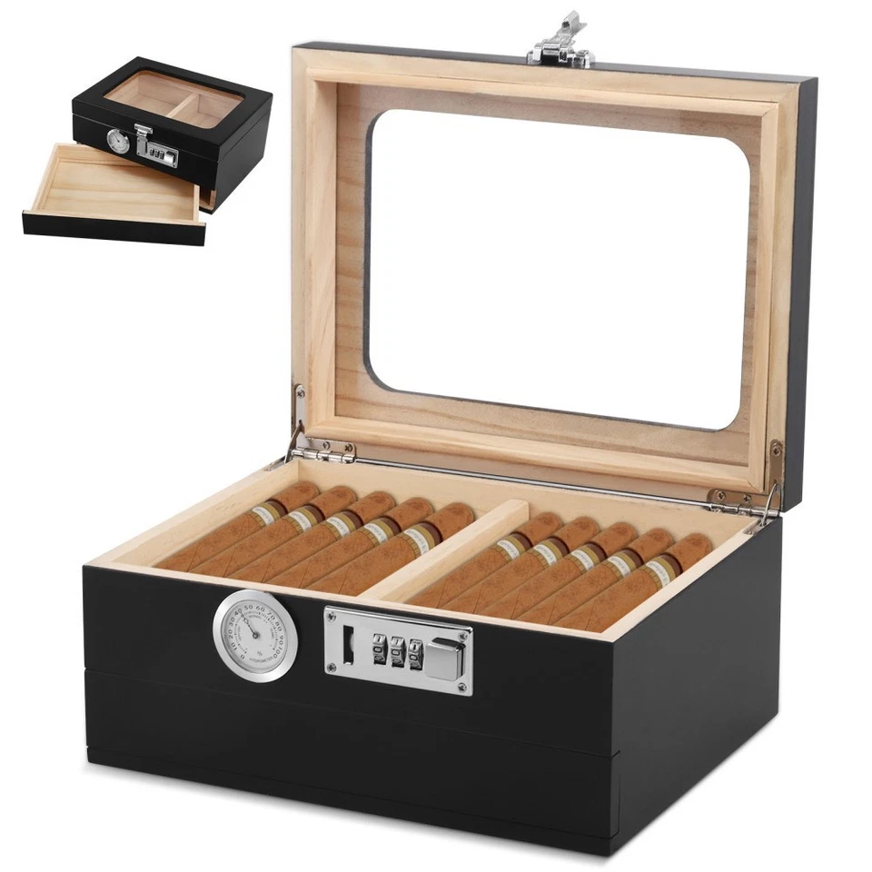 Humidor Set für 35 Zigarren mit Schlos Schublade digitalem Hygrometer Holz - Bild 2 von 4