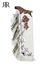 Western Rodeo Chaps, Hand Tooled Leather Cross Design, White & Purple