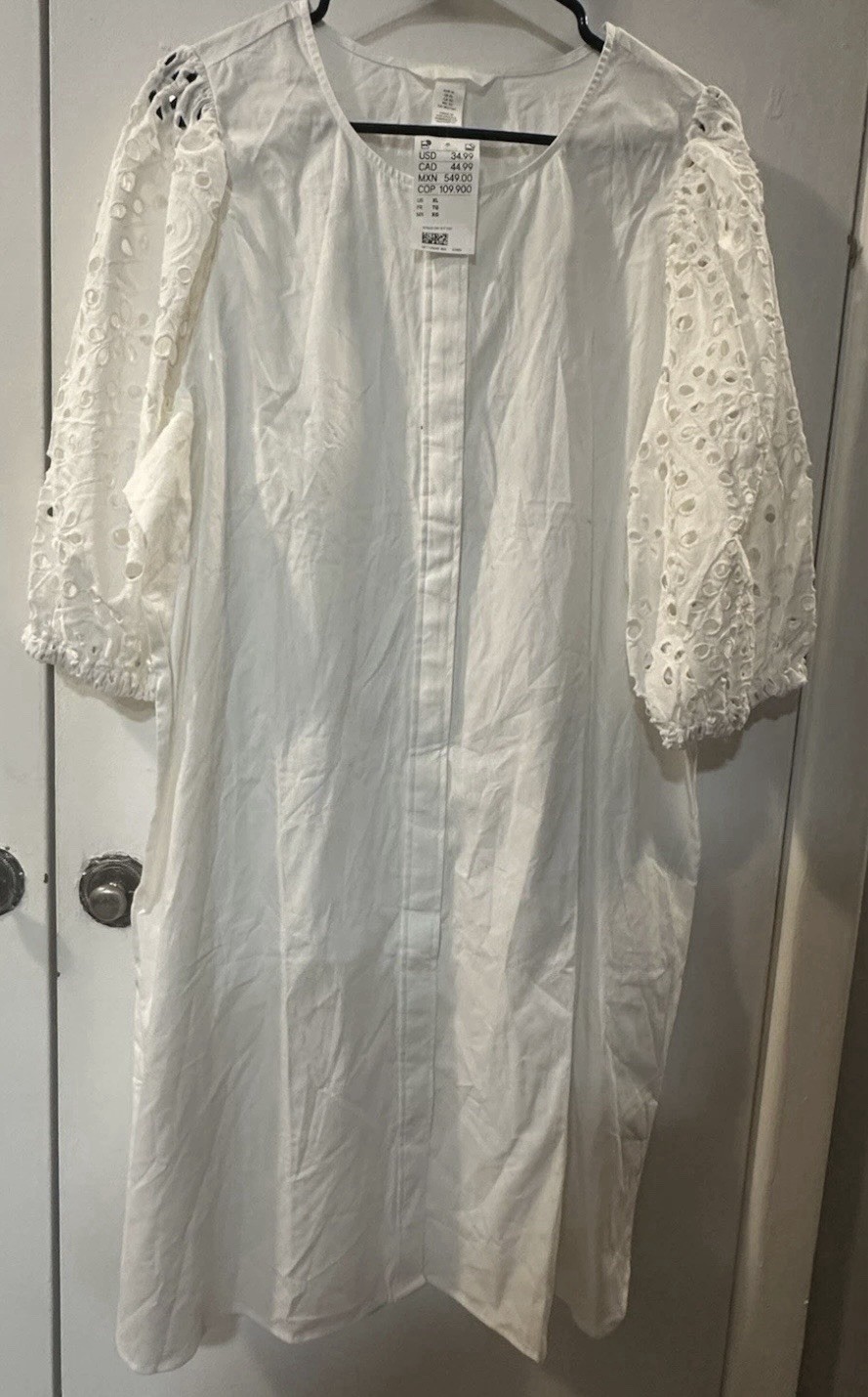 H&M White Solid Eyelet Embroidered Shift Dress Round Neck Puff Sleeve XL