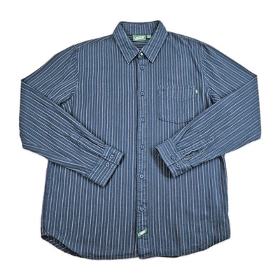 Vans Flannel Blue Green White Pinstripe Mens L Button Up Long Sleeve Dress Shirt