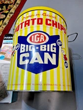 Vintage Large IGA BIG-BIG CAN Potato Chips Tin Canister w/ Handles & Lid