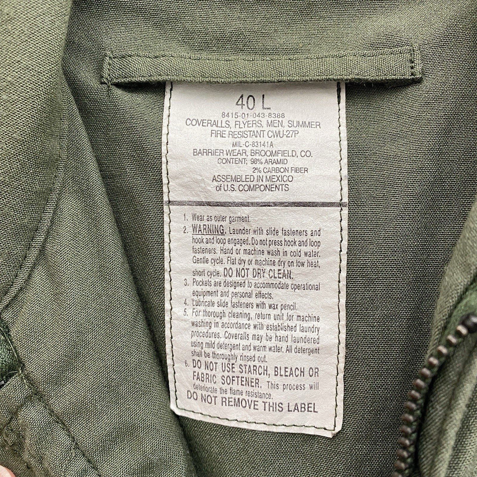 Barrier Wear Flight Suit Coveralls Flyers Mens 40L Sage Green Summer Pilot Barri