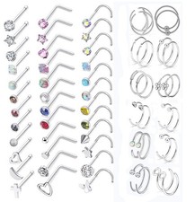 20G 60 Pcs Nose Rings For Women Hoop L Shape Nose Studs for Men Stainless Ste...