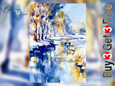 Winterlandschaft 5''x7'' Druck auf mattem Papier | Verschneite Fluss Baum Szene