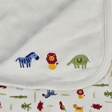 Vintage Gymboree 1999 Baby Blanket White Zoo Animals Lion Zebra Elephant Monkey