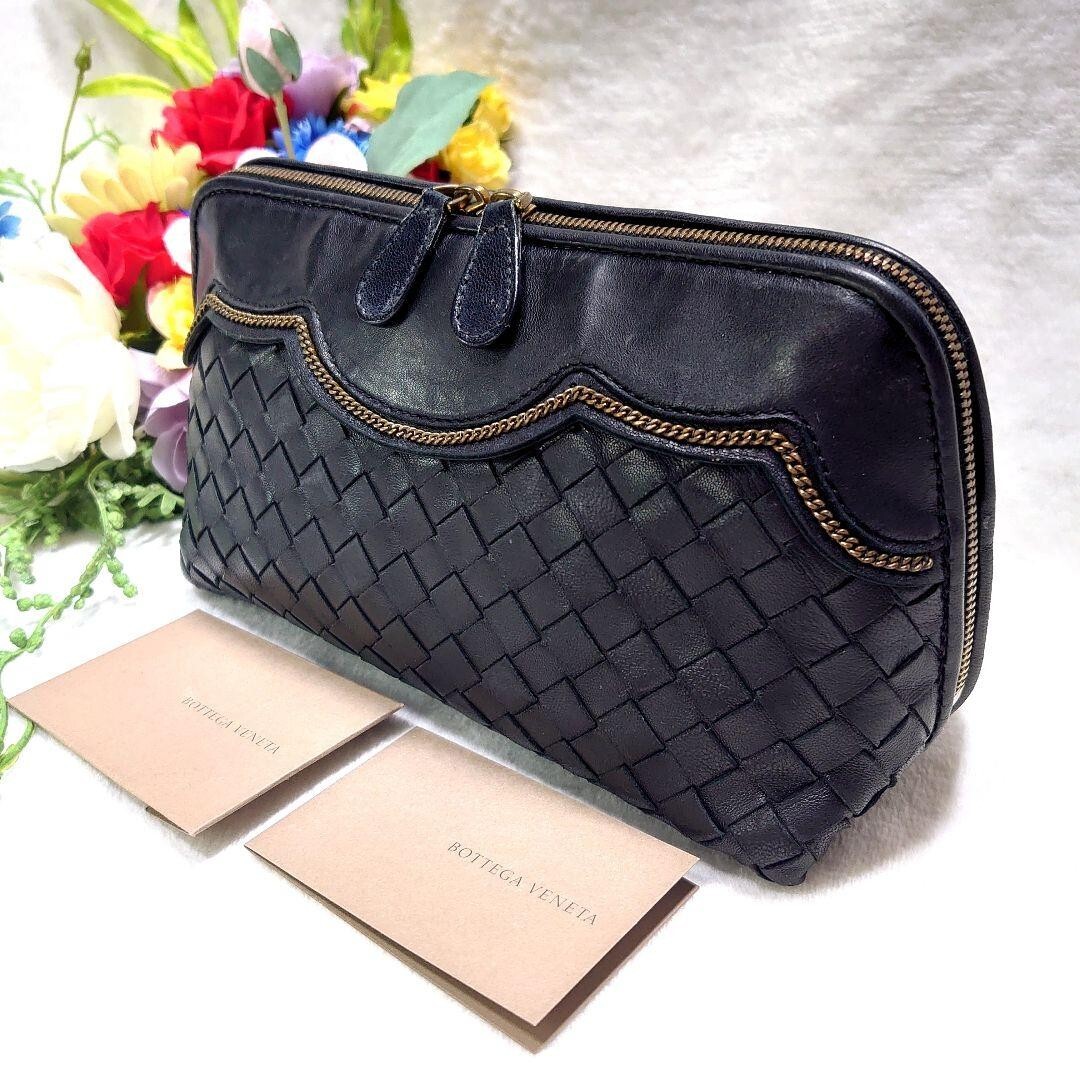 BOTTEGA VENETA Intrecciato Double Zip Chain Pouch Black Leather Rare Authentic