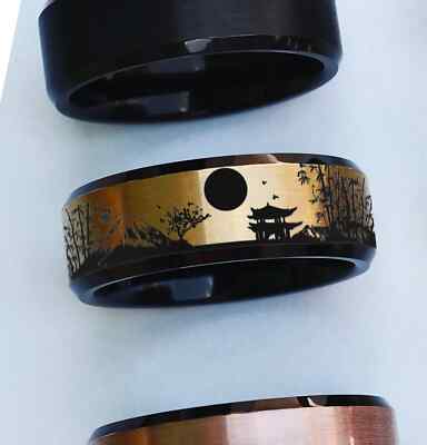 Men's Engraved Feudal Japan Scene Nihon Japanese Rising Sun Wedding Ring - 8mm