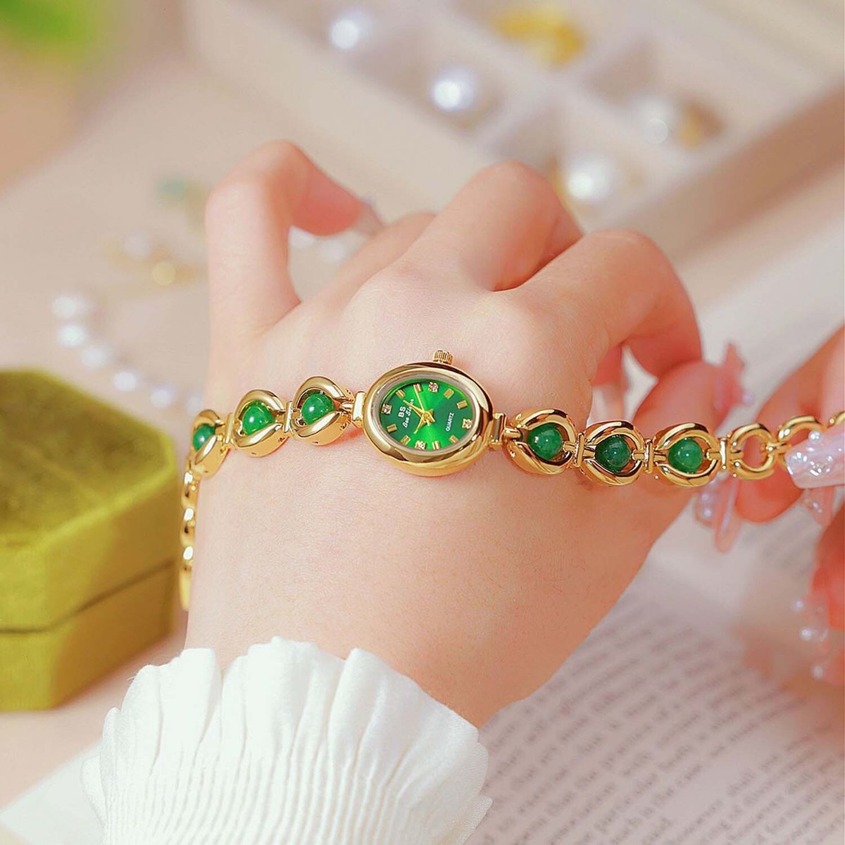Gold Vintage Women Watch with Green Stone Bracelet Band 