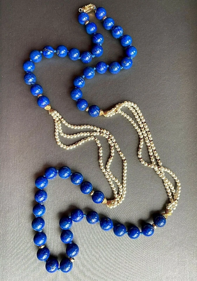 Collar vintage de perlas de lapislázuli joyería fina de segunda mano de oro amarillo de 14K 