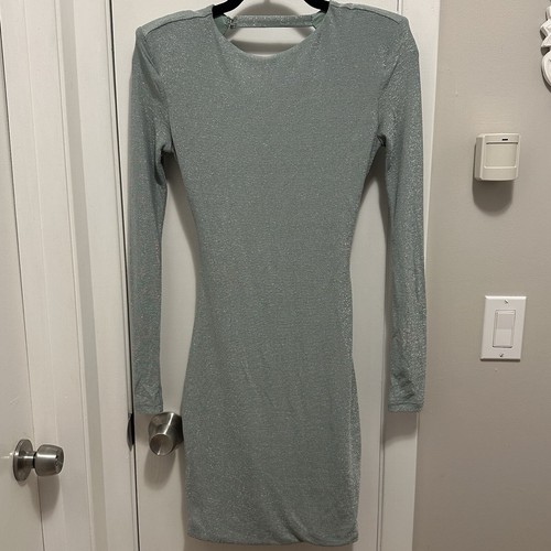 MISHA Viola Mini Dress Metalic Seafoam Size 2 bodycon open back long sleeve NWT - Picture 2 of 12