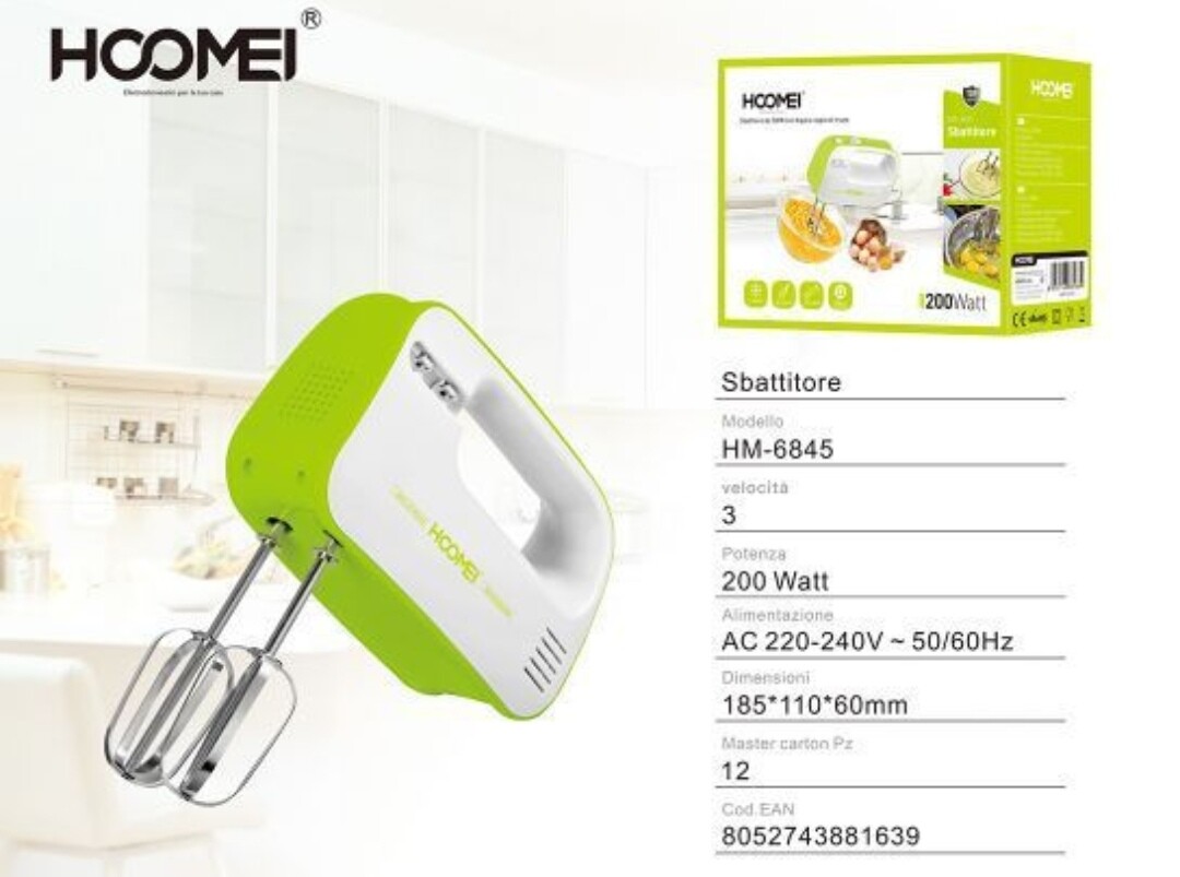 Sbattitore Elettrico Hoomei HM-6845 200W 3 Velocità | Frusta e Impastatore