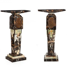 Pair of Art Deco Style Marble & Onyx Pedestals Columns with Bronze Panels