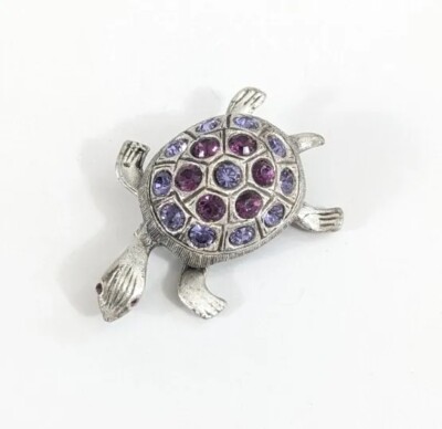 Turtle Shaped Purple sparkle Rhinestone Shell Figural Brooch - silver toned