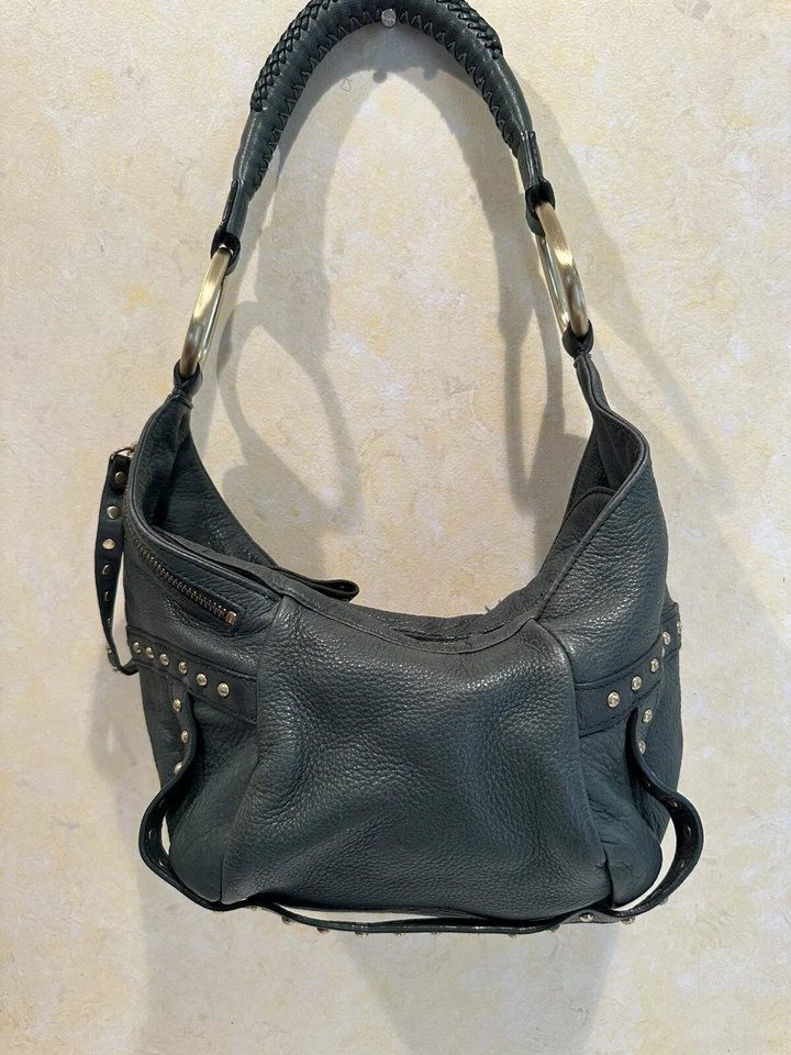 COLE HAAN Pebbled Leather Green Handbag Or Shoulder Small Purse Brass Studs 43 - Image 3 of 4