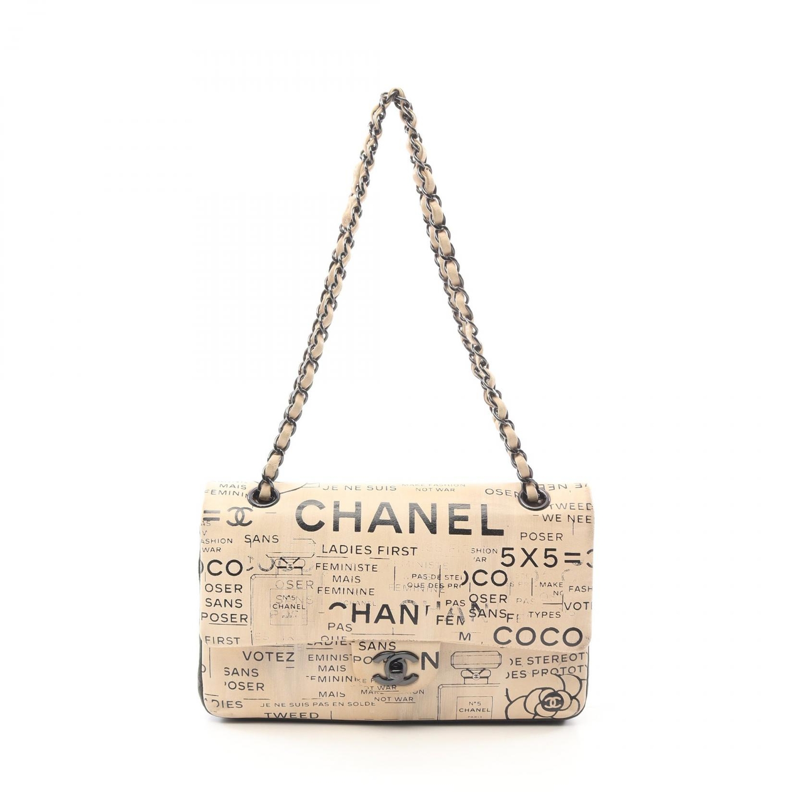 CHANEL Matelasse W Flap Chain Shoulder Bag in Leather Beige Black Pre-Owned A01112