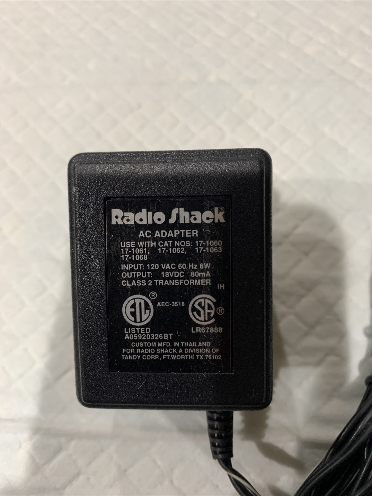 Genuine Radio Shack AEC-3518 AC Adaptor 18VDC 80mA Class 2 Transformer ...