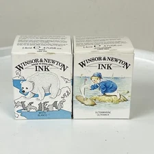 2 Winsor & Newton England Drawing Ink New in Box White & Ultramarine 14 ml