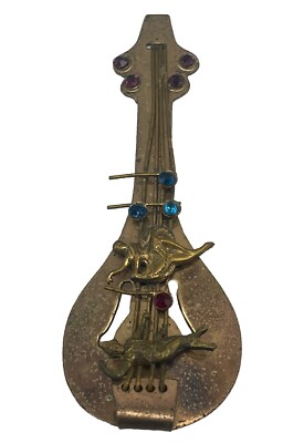 Vintage Violin Viola Cello Brooch Pin Brass Blue Purple Rhinestone Two Dancers