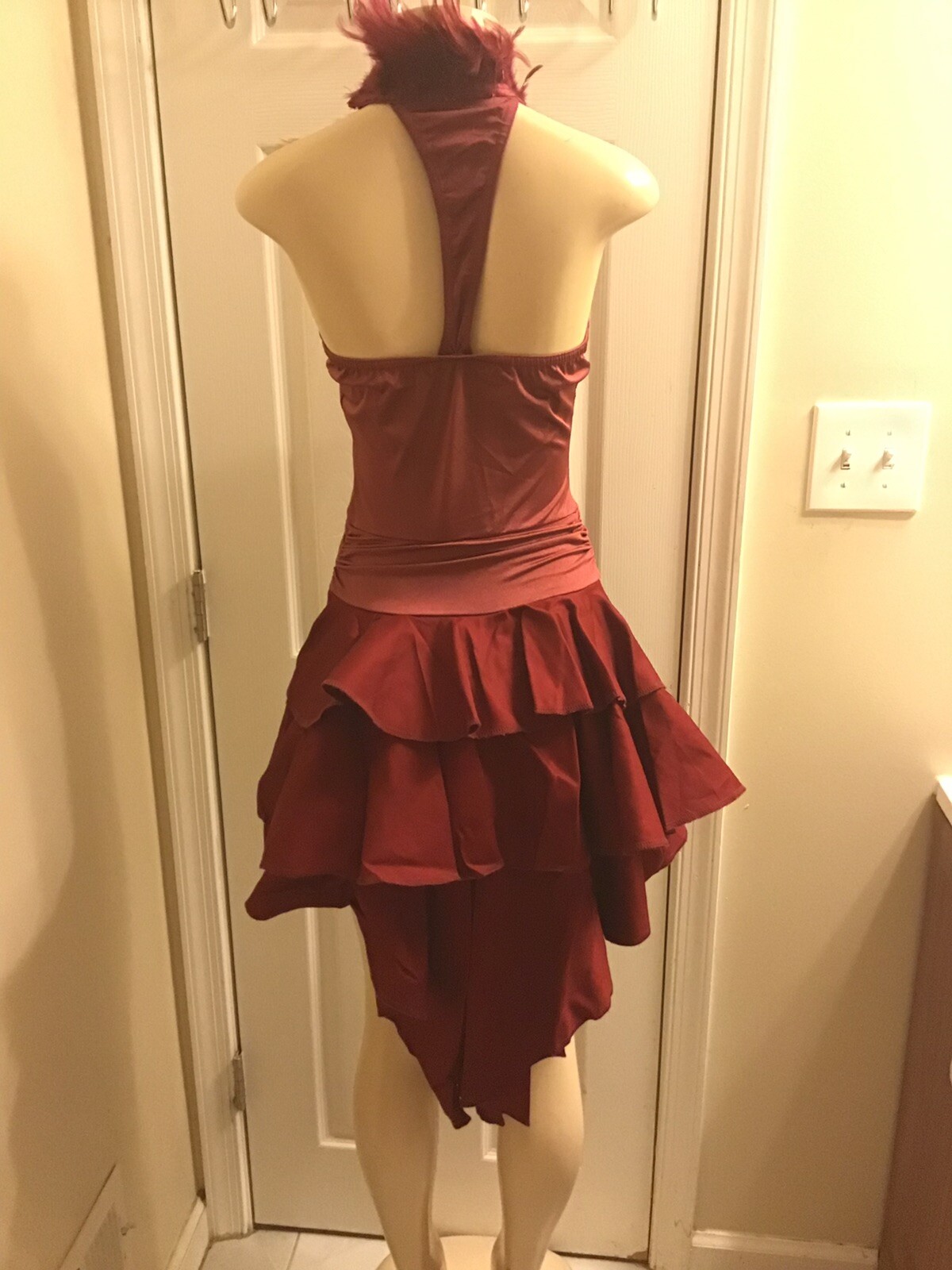 Kelle Dance Costume with Feather Fringe. Color Burgundy. CHILD LARGE