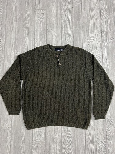 Bill Blass, Bill Blass Henley Sweater Men’s L Vtg 90s USA Chunky Knit Hand Framed Green Cot