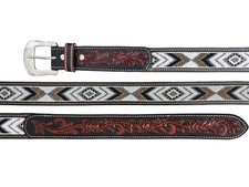Western Multicolor Beaded Tooled Leather Belt Floral Billet Size 36 38 40 42