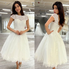Short Wedding Dresses Tea Length Lace Sleeves Elegant High Neck Bridal Gowns