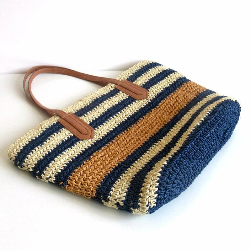 Hot Large Striped Straw Woven Tote Bag Beach Fashion Handbag Shoulder Bag - Image 4 of 4