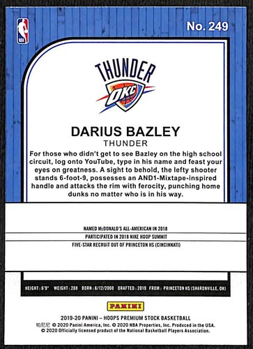 2019 Hoops Premium Stock Darius Bazley #249 Rookie Oklahoma City Thunder - Picture 2 of 2
