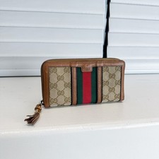Gucci Bamboo Beige Brown Regular Monogram Canvas Leather Zip Around Wallet
