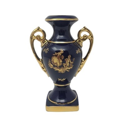 Limoges France Cobalt Blue Gold Courting Couple Dual-Handle Porcelain Vase 7.25''