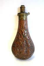 SYKES - "DEER & LEAF" Brass & Copper Black Powder Flask - LG 8 3/4 x 3 7/8 inch